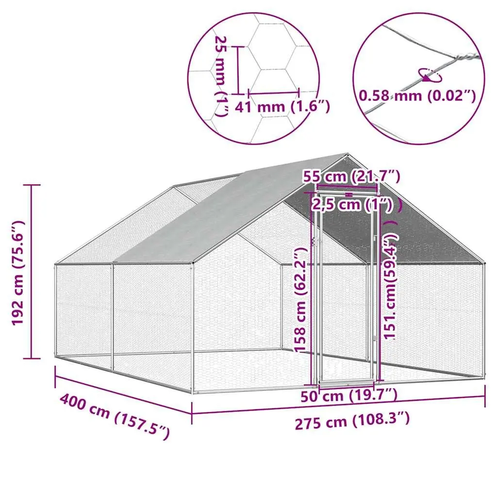 Outdoor Chicken Cage Silver 2.75x4x1.92 m Galvanised Steel Run Coop Enclosure