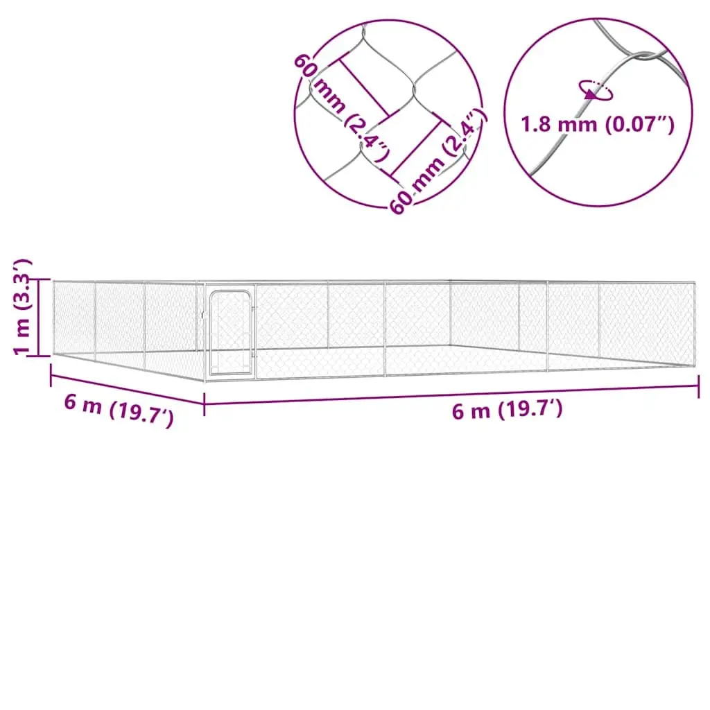 Dog Kennel Run Silver 6x6x1m Heavy-Duty Galvanised Steel Chain-Link Mesh Hinged Door Lockable