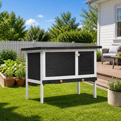 Outdoor Rabbit Hutch Single Layer Grey Wood Small Animal Cage Enclosure Exercise