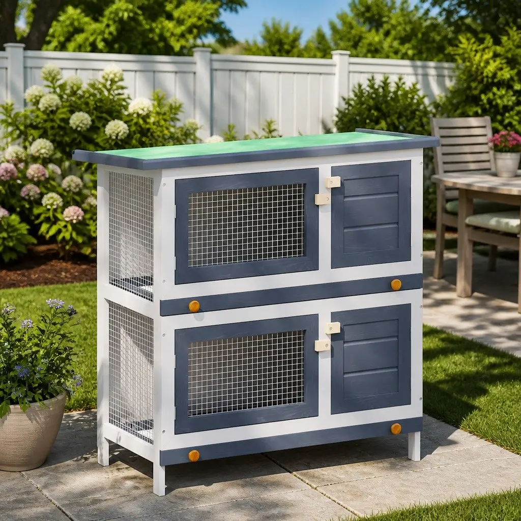 Rabbit Hutch Grey Outdoor 2 Layer Wooden Small Animal Cage with 4 Doors and Iron Wire Mesh for Exercise and Play Space