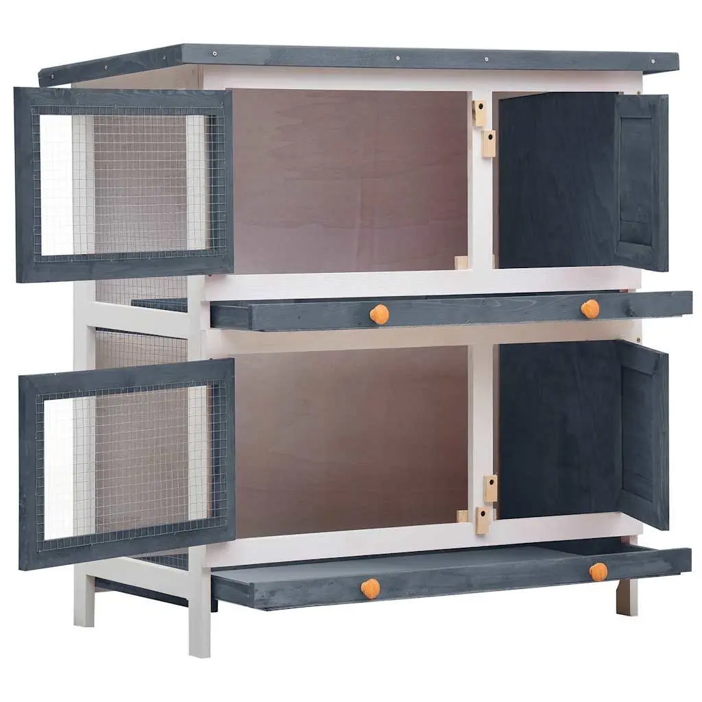 Rabbit Hutch Grey Outdoor 2 Layer Wooden Small Animal Cage with 4 Doors and Iron Wire Mesh for Exercise and Play Space