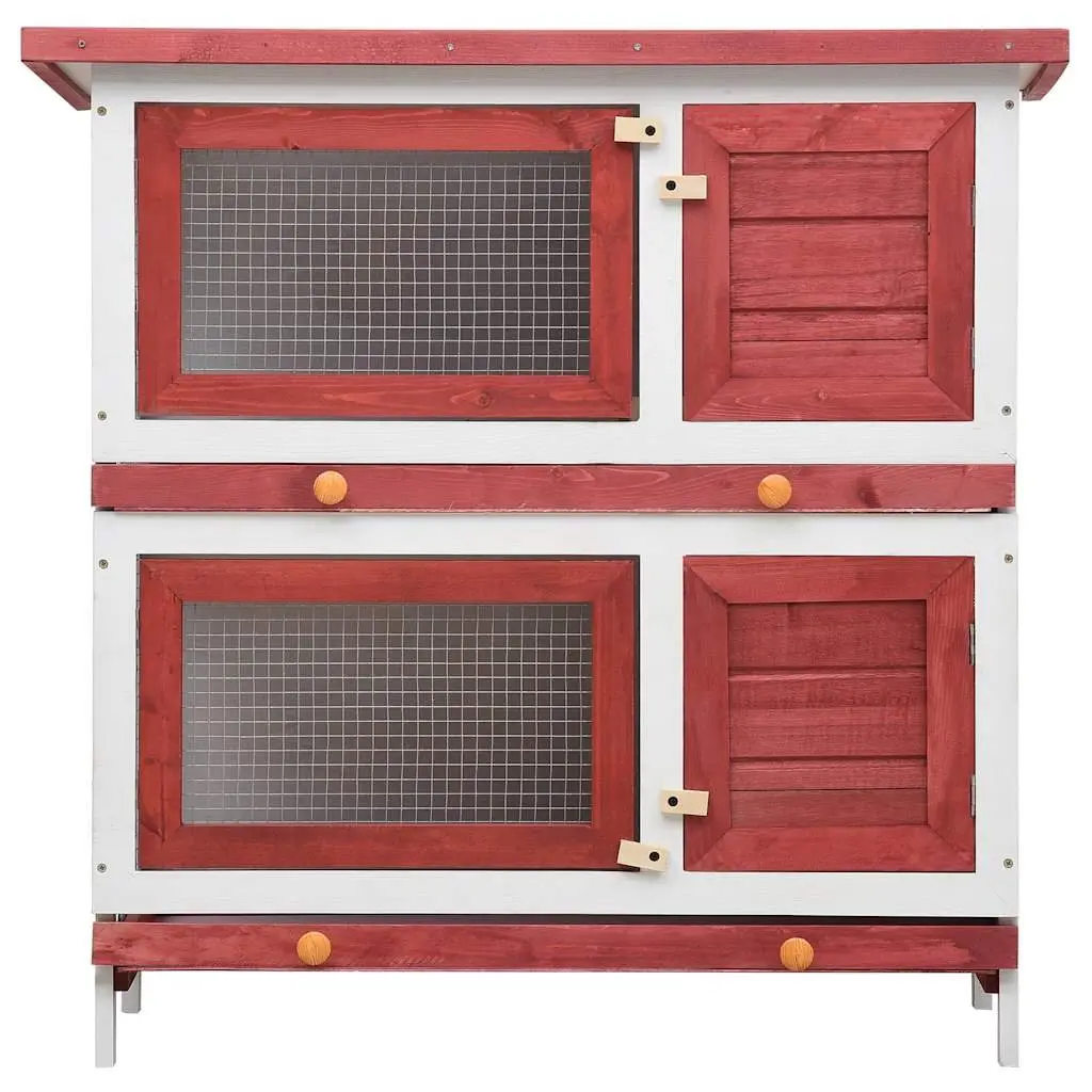 Outdoor Rabbit Hutch Red Wood 2 Layer 4 Doors Iron Wire Mesh Enclosure