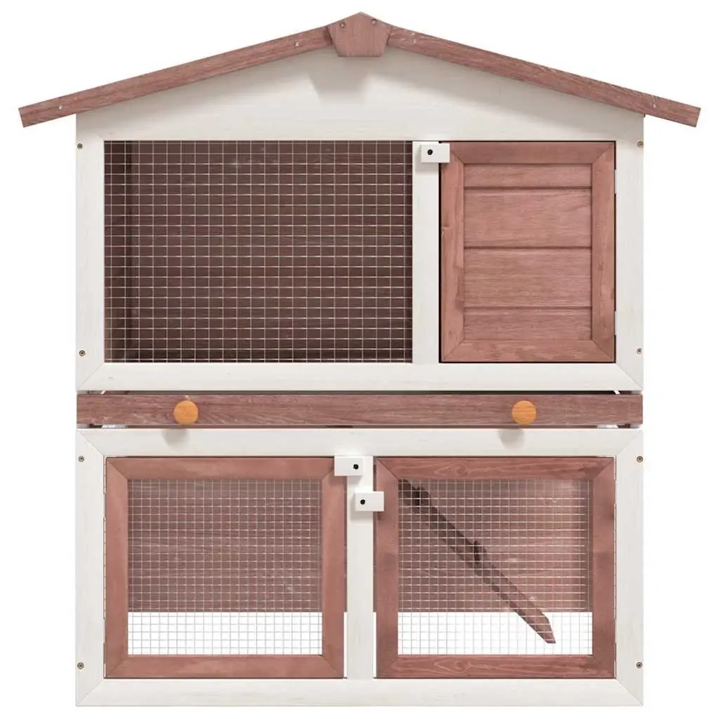 Outdoor Rabbit Hutch Brown 2 Layer Wood Frame 3 Doors Iron Wire Mesh