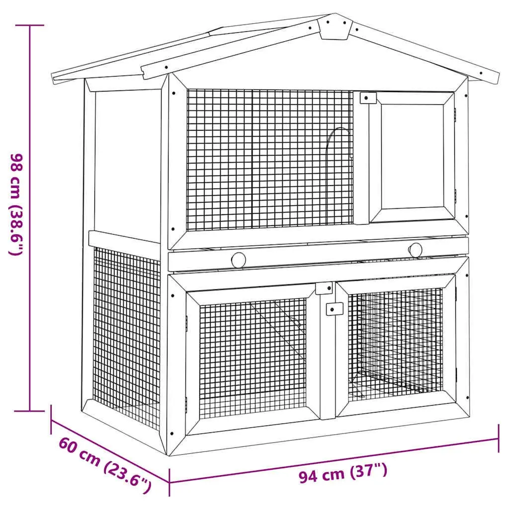 Outdoor Rabbit Hutch Brown 2 Layer Wood Frame 3 Doors Iron Wire Mesh