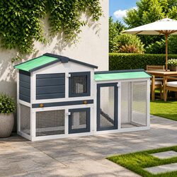 Outdoor Rabbit Hutch Large 2-Layer Wooden Cage Pet House Grey White 145x45x84cm