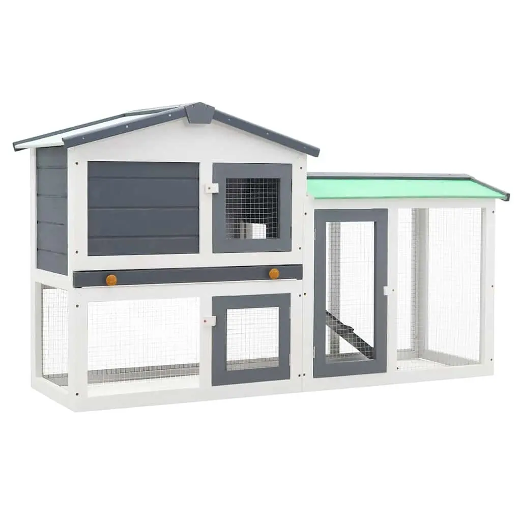 Outdoor Rabbit Hutch Grey White 2-Layer Wooden Cage 145x45x84cm Spacious Durable Fencing Removable Dropping Tray