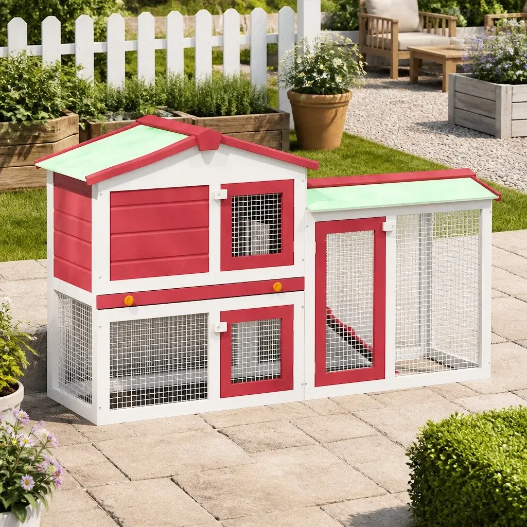 Outdoor Rabbit Hutch Red White 145x45x84cm Large Wooden Two Layer with Integrated Run and Removable Dropping Tray