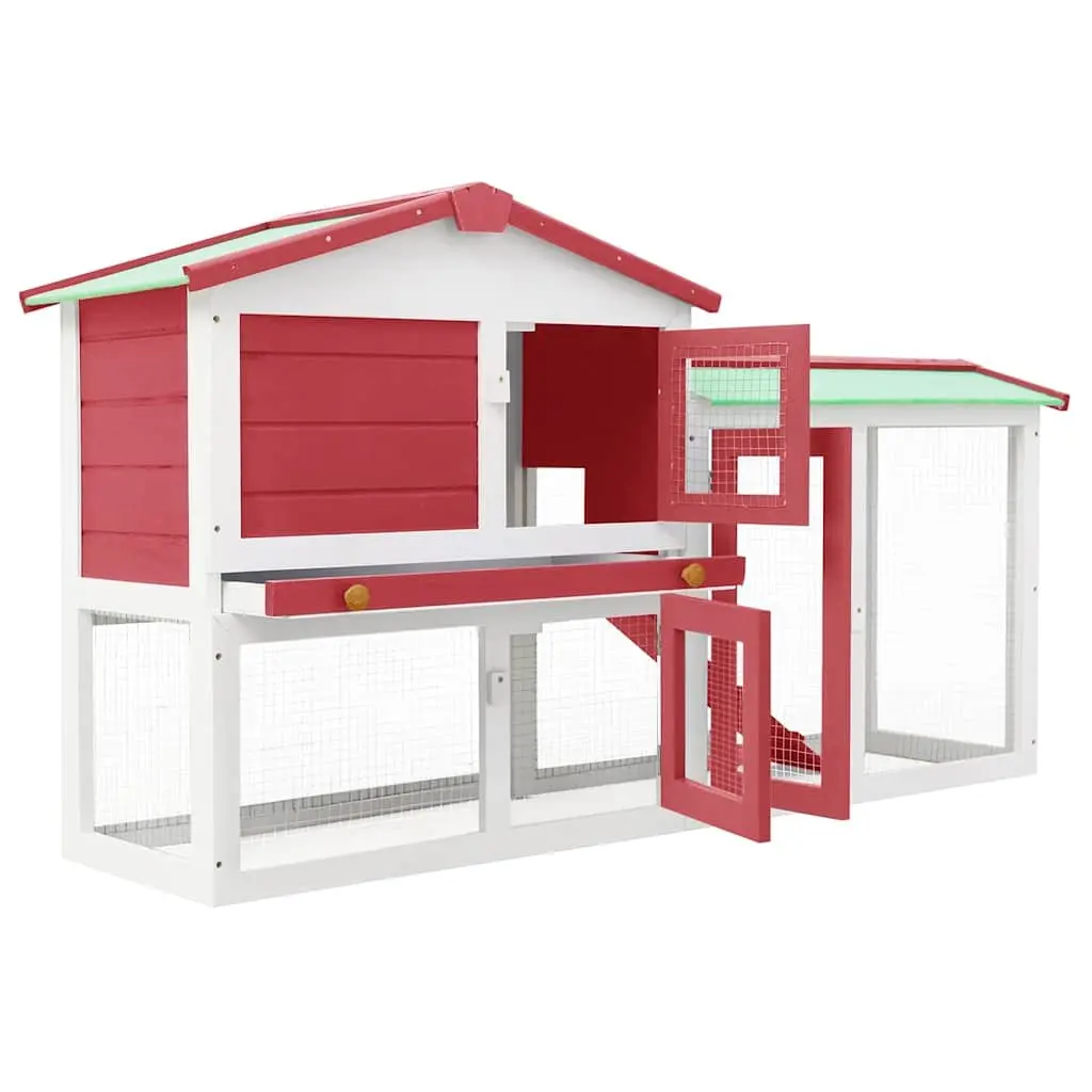 Outdoor Rabbit Hutch Red White 145x45x84cm Large Wooden Two Layer with Integrated Run and Removable Dropping Tray