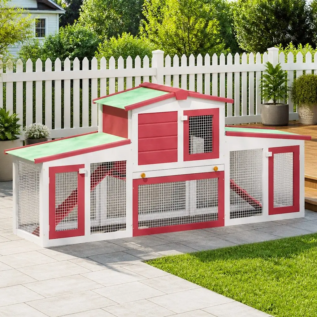 Large Wooden Rabbit Hutch Red 2 Tier Outdoor Cage with Run and Lockable Doors