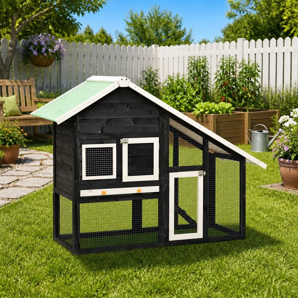 Rabbit Hutch Grey White Two Storey Wooden Cage with Easy Climb Ramp and Water Resistant Roof