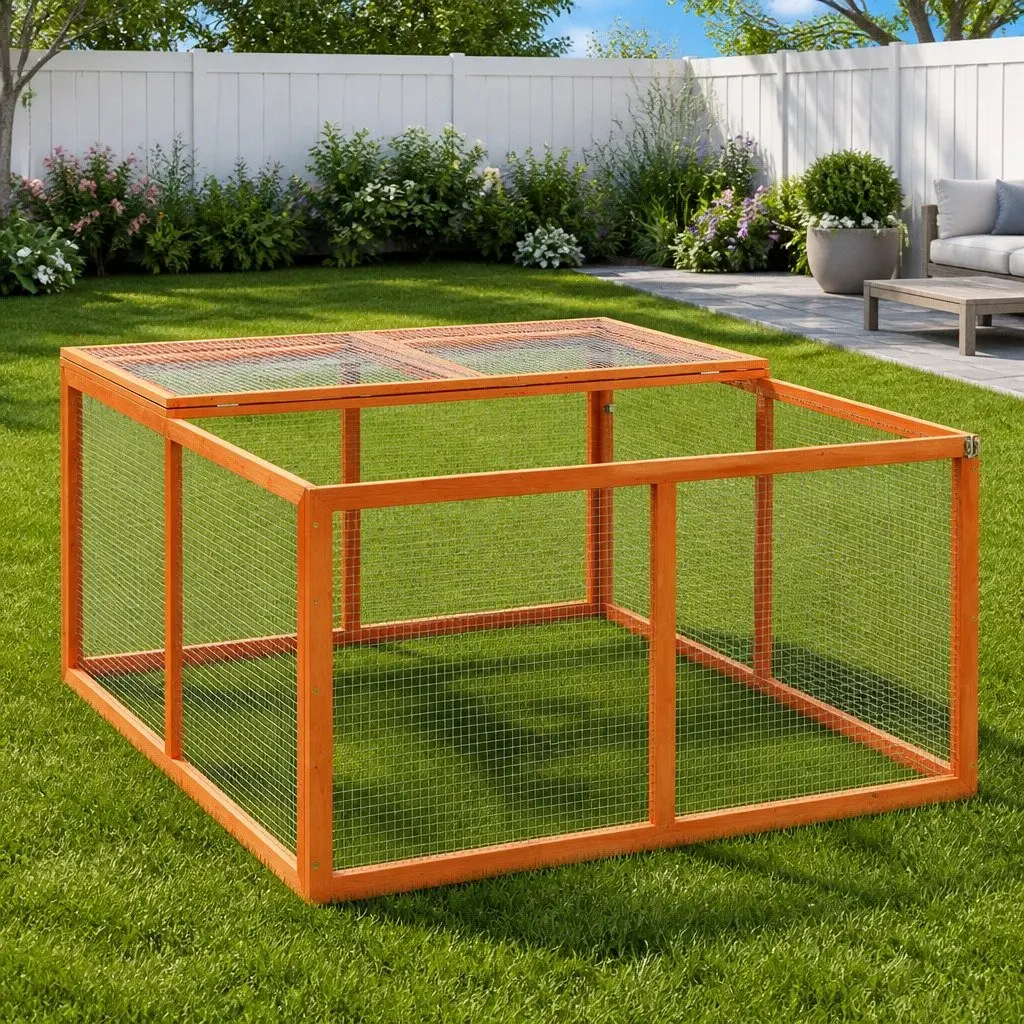 Rabbit Hutch Brown 124x120x60 cm Wooden House with Solid Firwood Frame and Steel Wire Grid