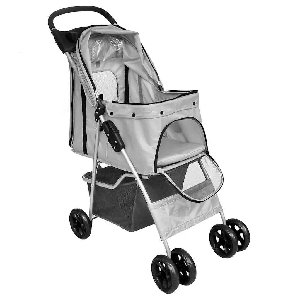 Pet Stroller Grey Lightweight Folding Travel Carrier with Protective Compartment and Storage Basket