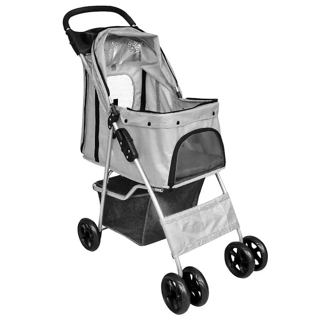 Pet Stroller Grey Lightweight Folding Travel Carrier with Protective Compartment and Storage Basket