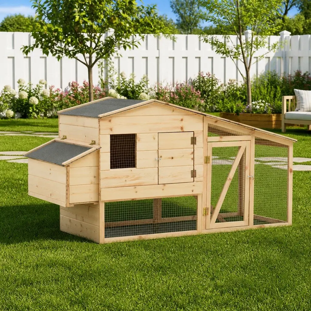 Chicken Cage Brown Solid Pine Wood Small Animal Hutch with Ramp and Upper Sleeping Cubby