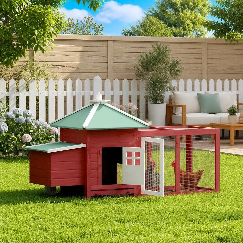 Wooden Chicken Coop Red 190x72x102cm Nesting Box with Openable Roof and Spacious Run Area