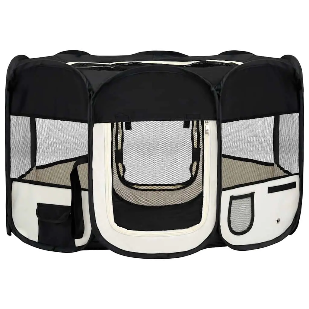 Foldable Dog Playpen Black 125 x 125 x 61 cm Portable Exercise Run Cage with Carrying Bag