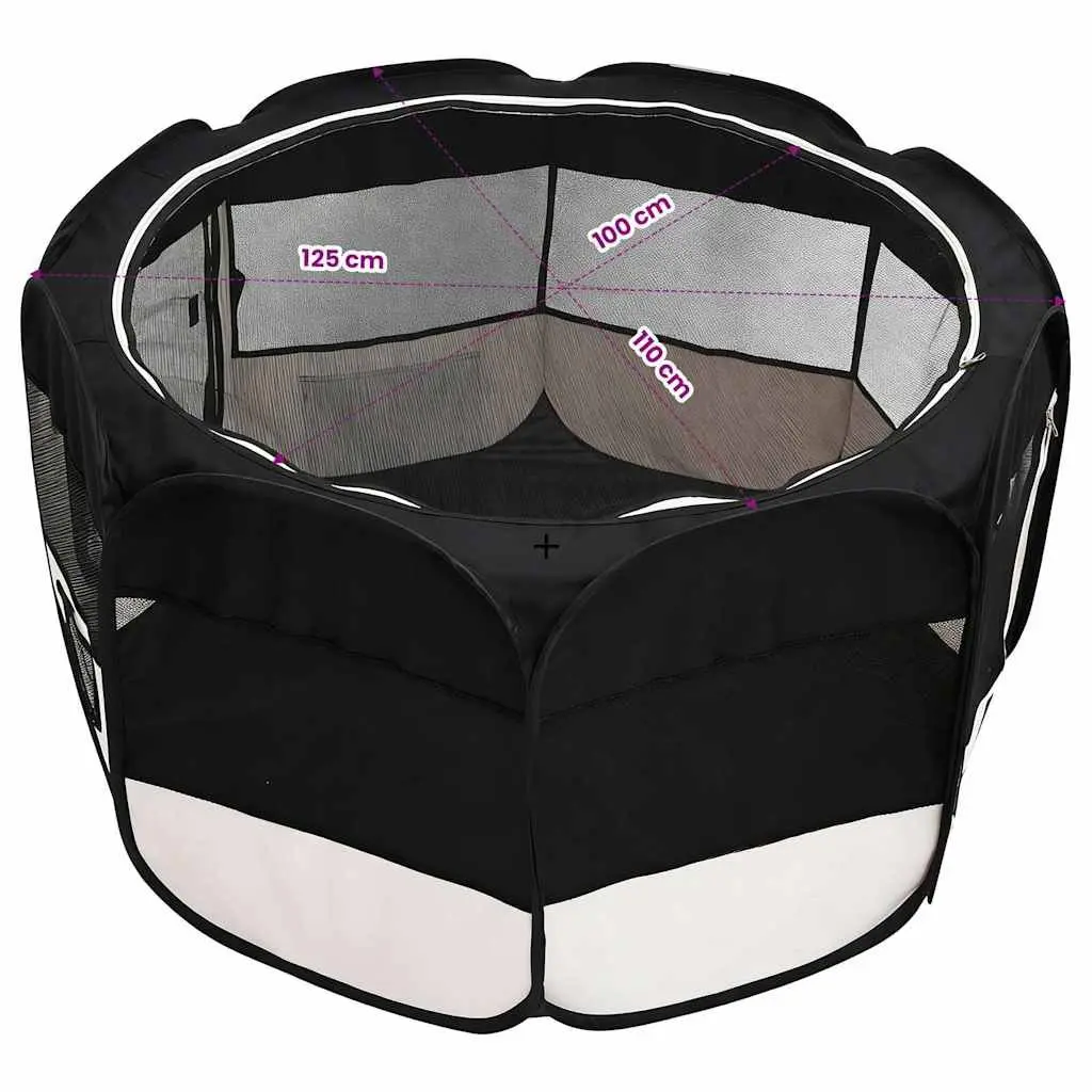 Foldable Dog Playpen Black 125 x 125 x 61 cm Portable Exercise Run Cage with Carrying Bag