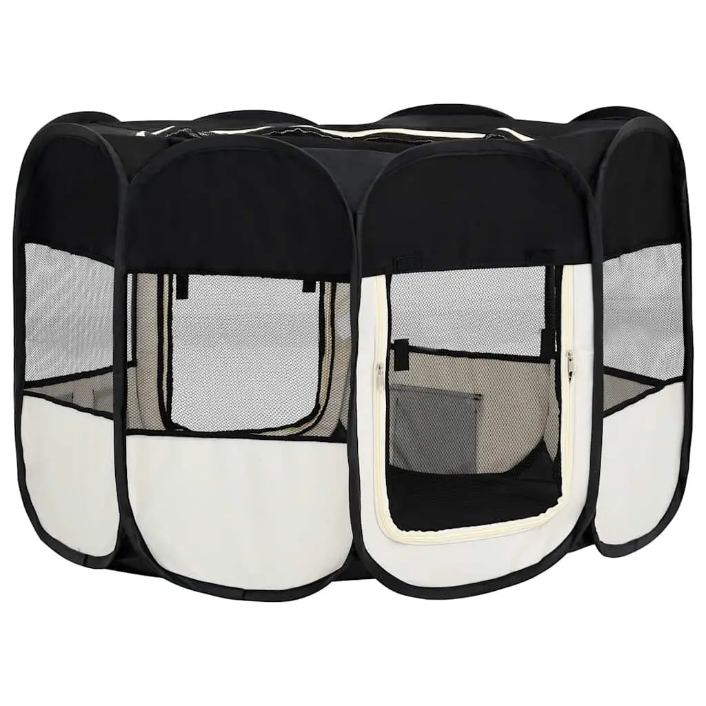Foldable Dog Playpen Black 125 x 125 x 61 cm Portable Exercise Run Cage with Carrying Bag