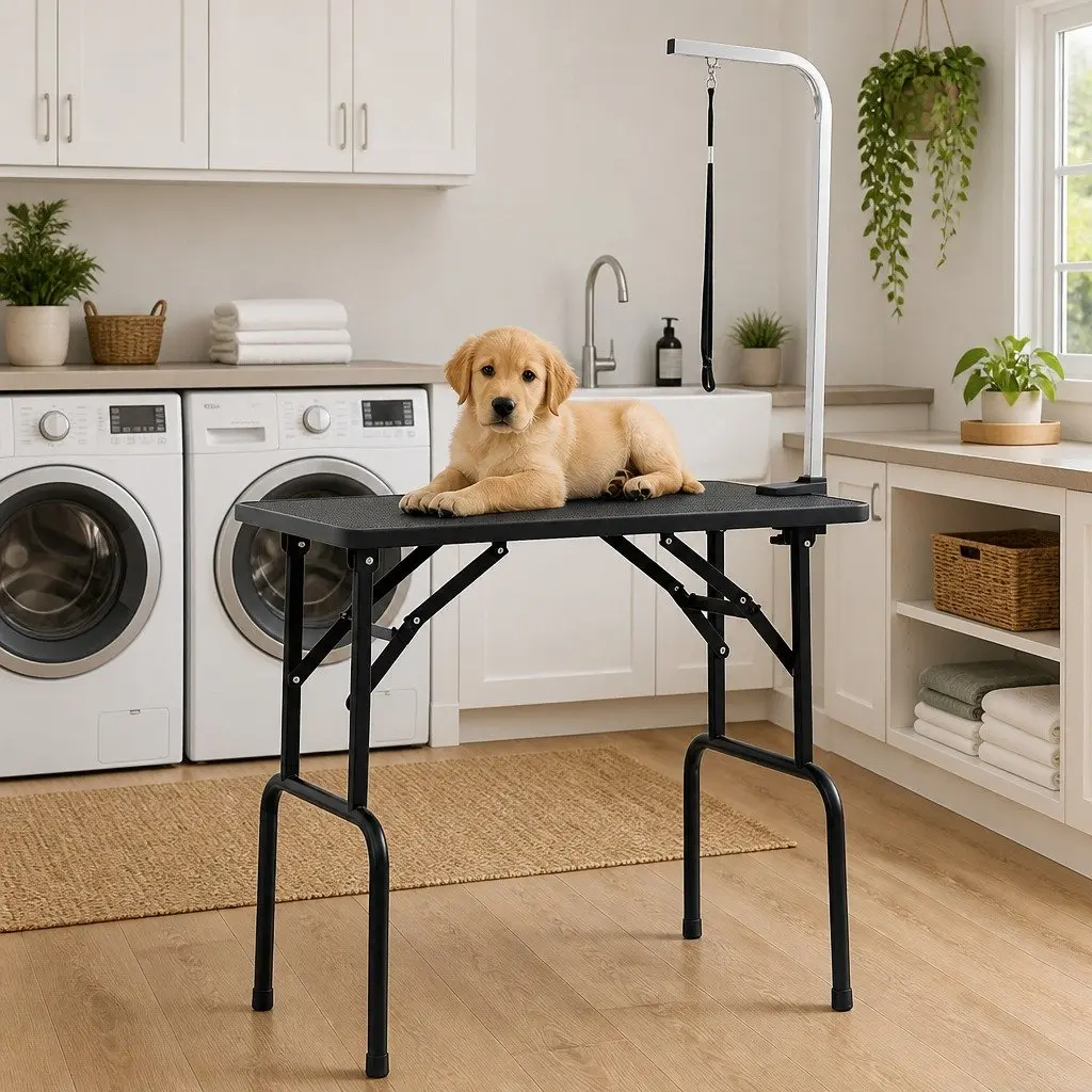 Dog Grooming Table Black Adjustable Height Foldable Non-Slip Surface