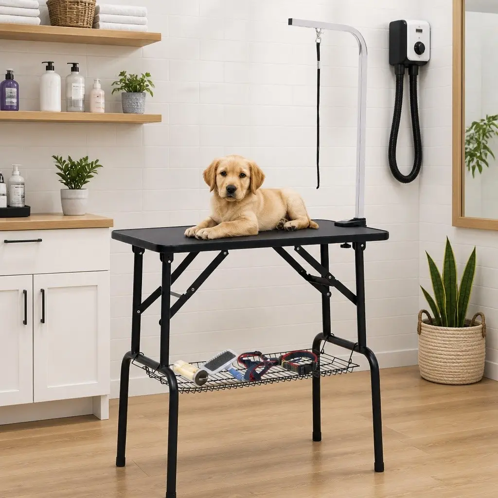 Dog Grooming Table Black Adjustable Height Foldable Non-Slip Tabletop