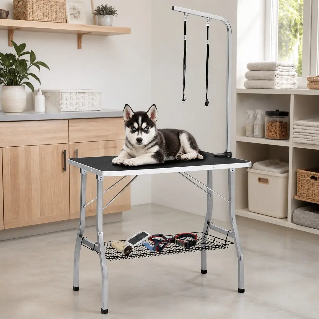 Dog Grooming Table Black Foldable Adjustable with Stainless Steel Arm and 2 Loops