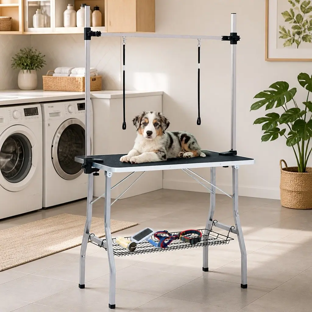 Dog Grooming Table Black Adjustable Height Foldable Non-Slip Tabletop