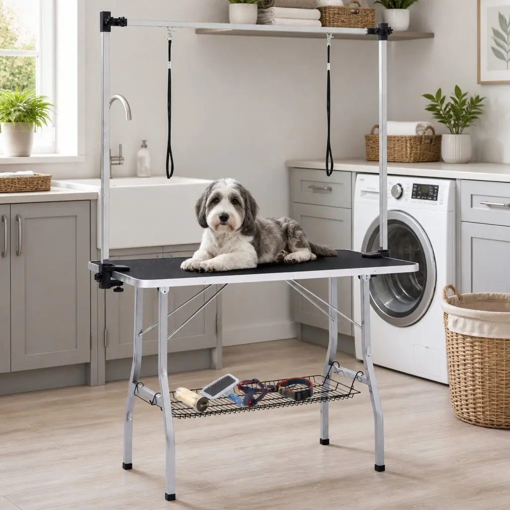 Dog Grooming Table Black Adjustable Height Foldable Non-Slip Surface