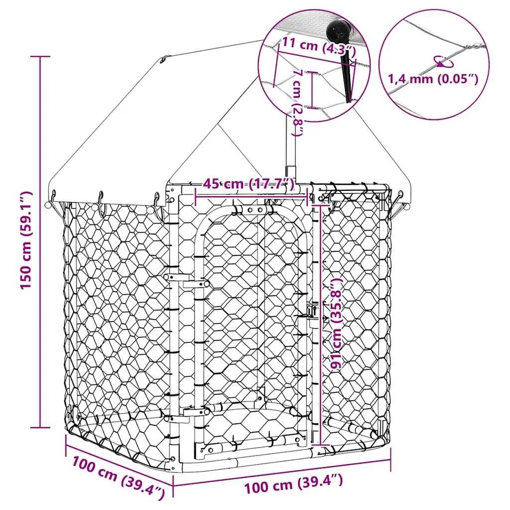 Dog Kennel Silver 100x100x150cm Galvanised Steel Mesh Enclosure with Roof