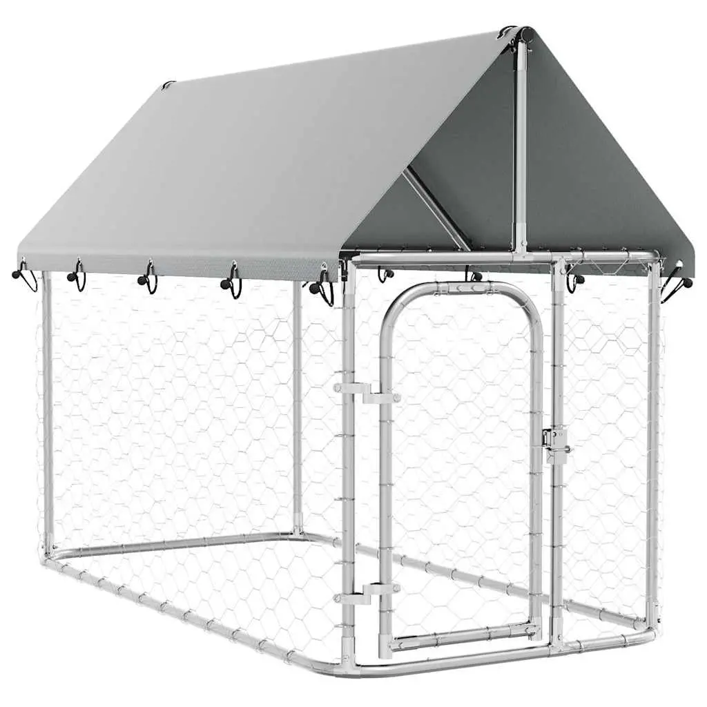 Outdoor Dog Kennel Silver 200x100x150cm Galvanised Steel Construction with Roof and Mesh Walls