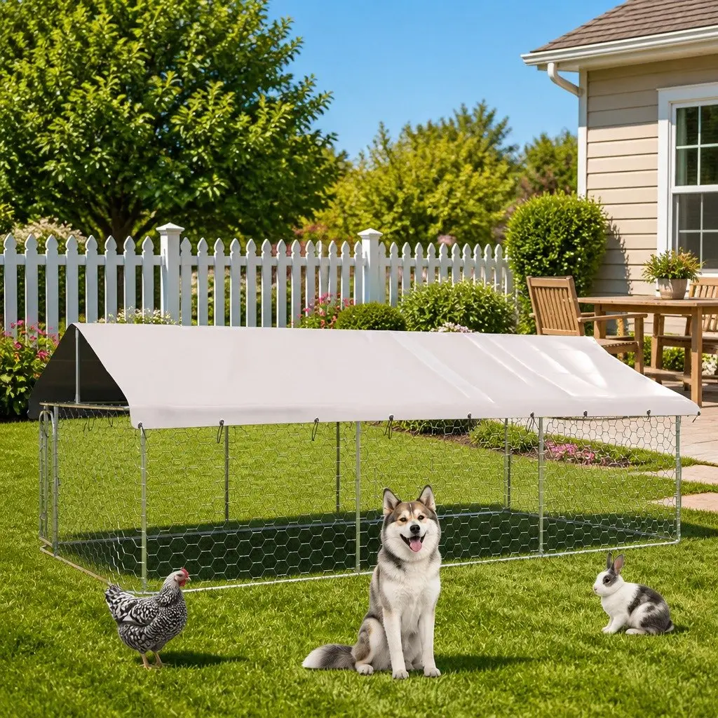 Outdoor Dog Kennel Silver 400x200x150cm Sturdy Steel Mesh Run with Roof