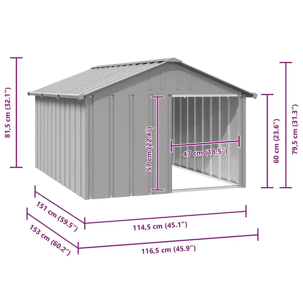 Dog Kennel Grey Galvanised Steel Outdoor Shelter Weather Protection