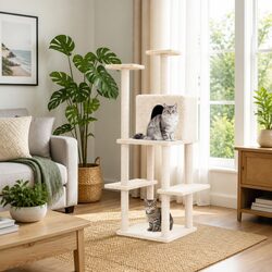 Cat Tree with Sisal Posts: Durable and Elegant - Cream
