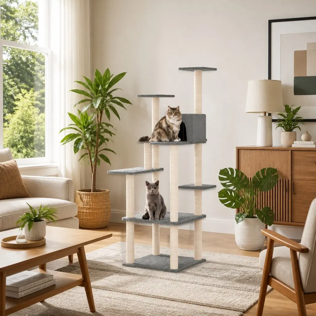 Cat Tree Tower Light Grey 153cm Multi-Level with Sisal Scratching Posts