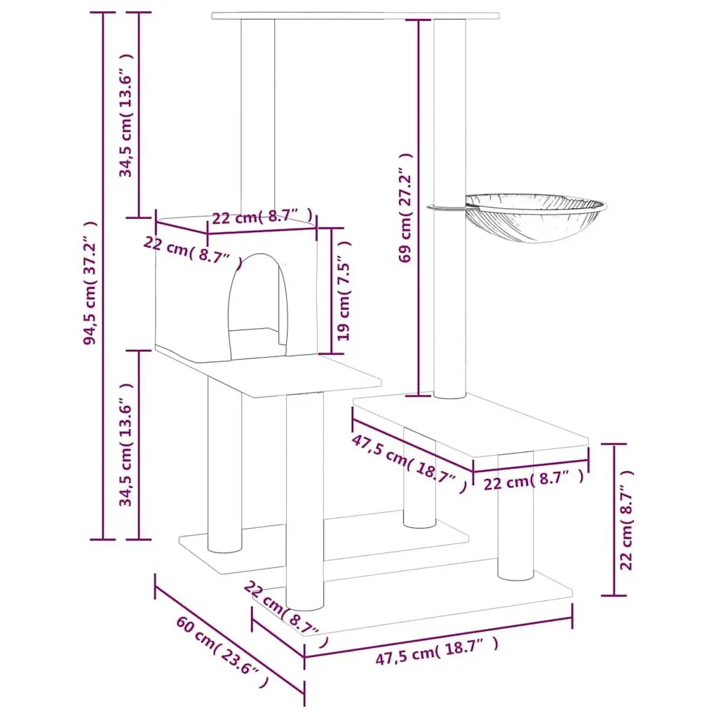 Cat Tree Grey 94.5cm Multi-level with Sisal Scratching Posts House Hammock Platforms