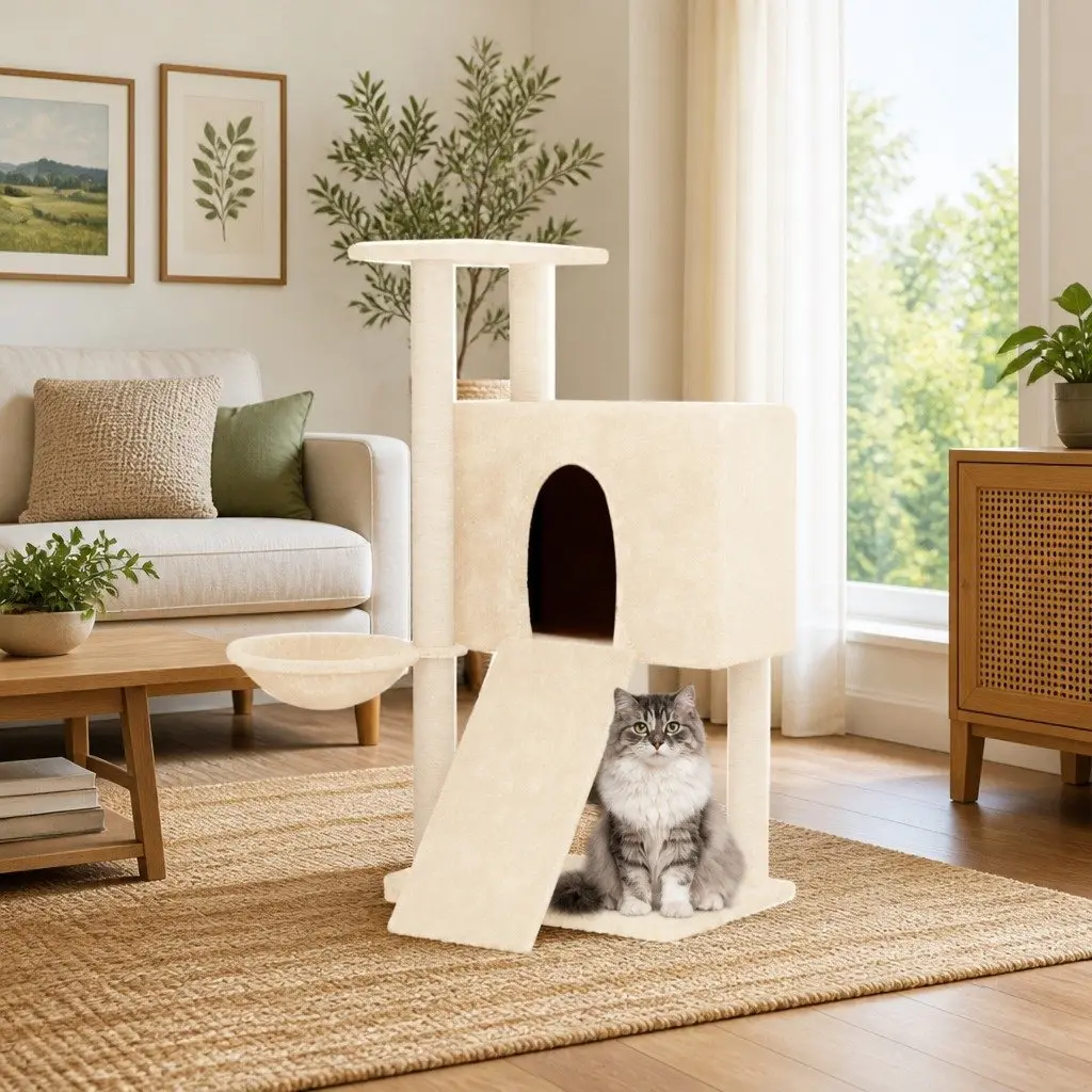 Cat Tree Cream 96cm Multi-level with Sisal Scratching Posts House Hammock Ladder Platform
