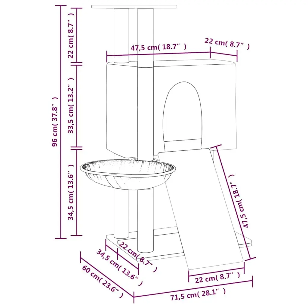 Cat Tree Cream 96cm Multi-level with Sisal Scratching Posts House Hammock Ladder Platform