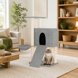 Cat Tree with Sisal Scratching Posts House Hammock Ladder Platform Grey 96cm
