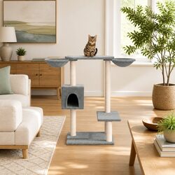 Grey Cat Tree with Baskets and Natural Sisal Scratching Posts