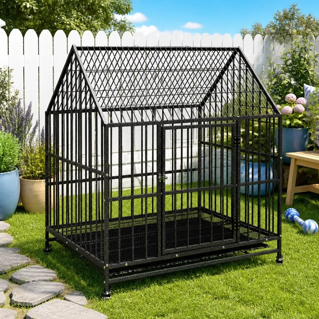 Dog Cage Black Galvanised Steel with Wheels Heavy-duty Construction Removable Trays