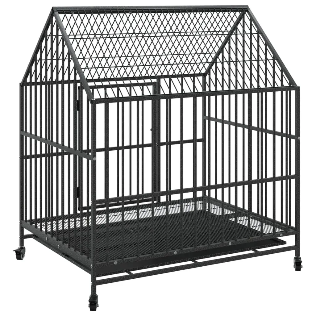 Dog Cage Black Galvanised Steel with Wheels Heavy-duty Construction Removable Trays
