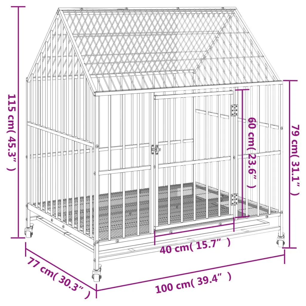 Dog Cage Black Galvanised Steel with Wheels Heavy-duty Construction Removable Trays