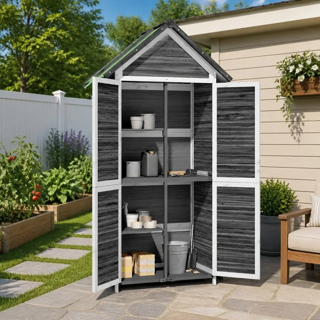 Garden Tool Shed Grey Solid Pine Wood Outdoor Storage Sloped Roof Rainproof