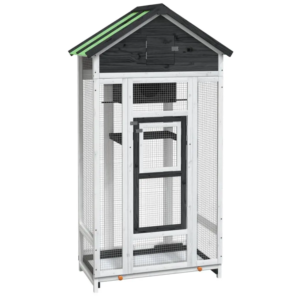 Bird House Aviary Grey Large Solid Pine Wood Water-Resistant with Nesting Box and Pull-Out Cleaning Tray 91.5x53x170cm