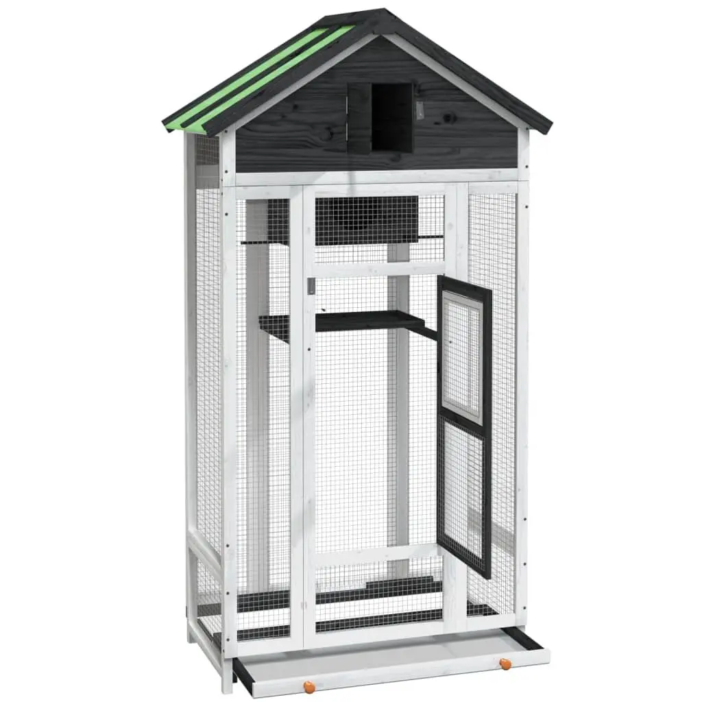 Bird House Aviary Grey Large Solid Pine Wood Water-Resistant with Nesting Box and Pull-Out Cleaning Tray 91.5x53x170cm