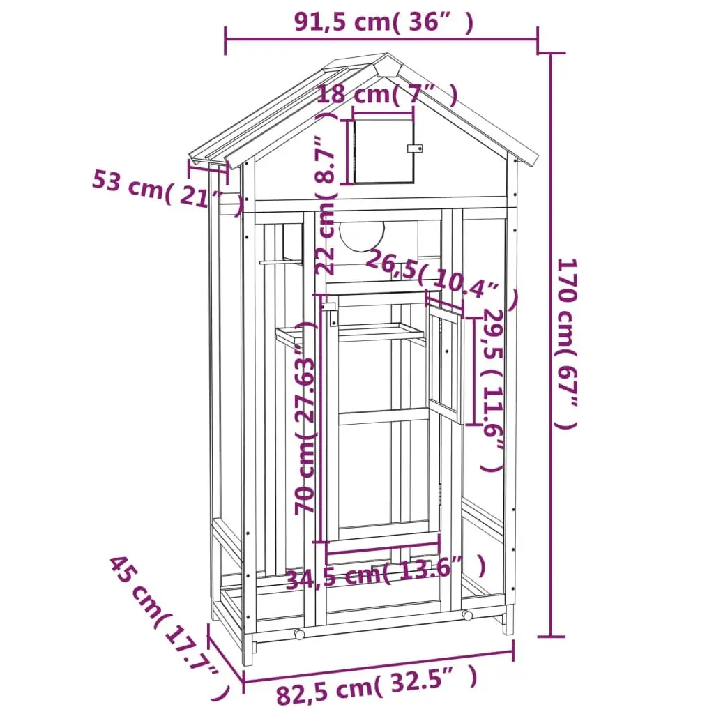 Bird House Aviary Grey Large Solid Pine Wood Water-Resistant with Nesting Box and Pull-Out Cleaning Tray 91.5x53x170cm