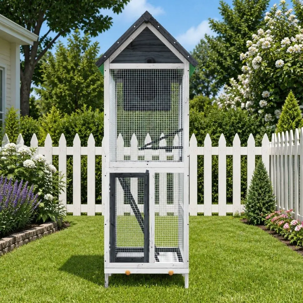 Bird House Aviary Grey Solid Wood Pine Outdoor Garden with Nesting Box Ladder
