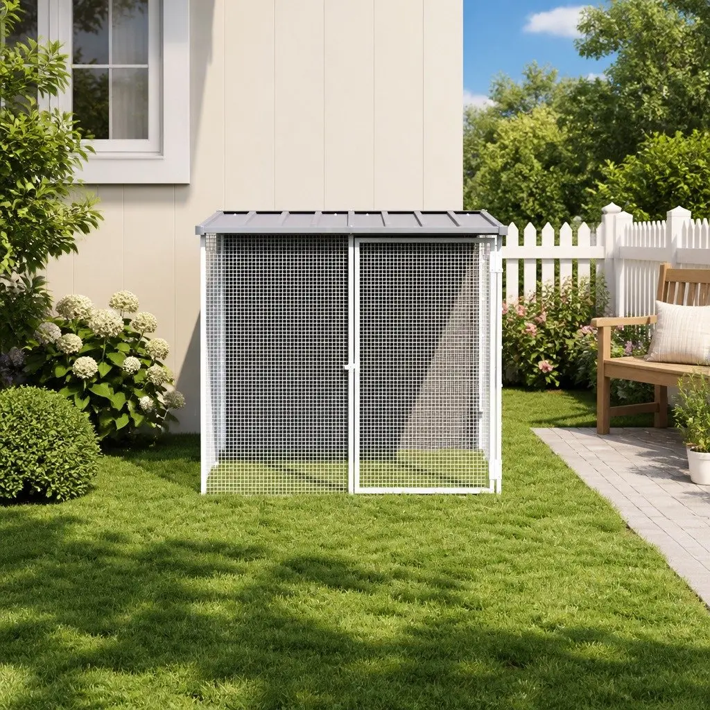 Chicken Cage Grey Galvanised Steel Small Animal Habitat Outdoor with Roof