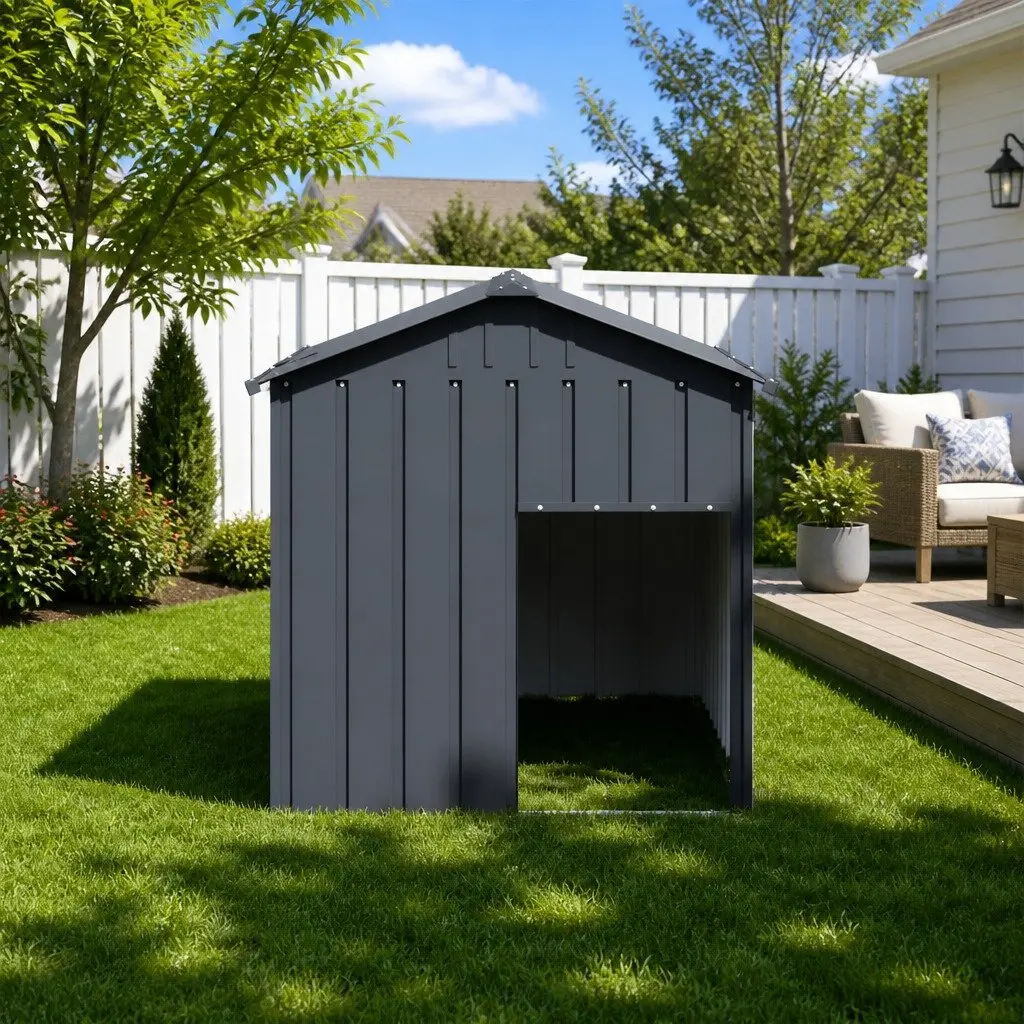 Dog House Anthracite Galvanised Steel Outdoor Pet Kennel Shelter with Roof