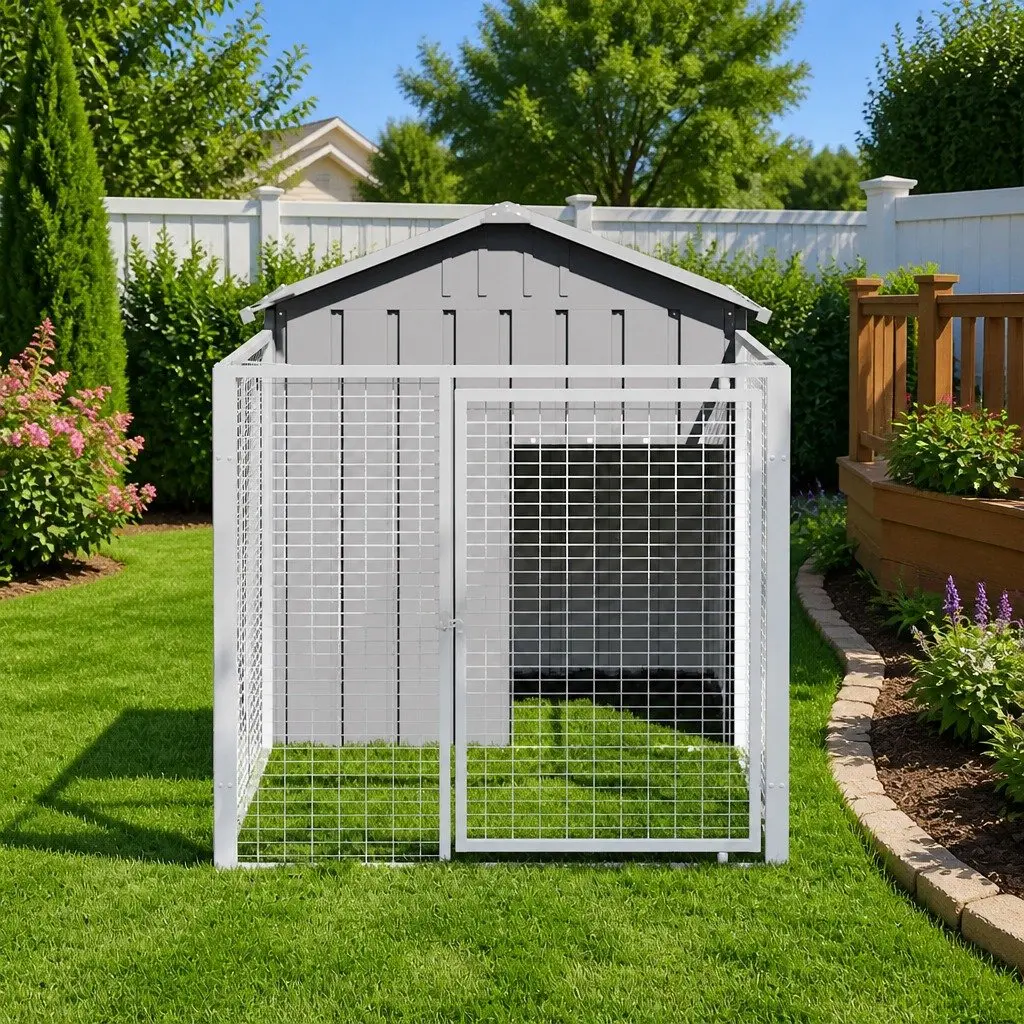 Dog Kennel Grey 117x201x123cm Galvanised Steel with Extended Run