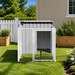 Dog House with Run Outdoor Pet Shelter Grey Galvanised Steel Enclosure Cage